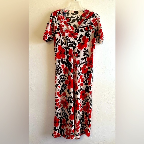 Y2K Black, Cream & Red Feminine Floral V-Neck A-Line Midi Dress Sz 8 - Picture 1 of 11